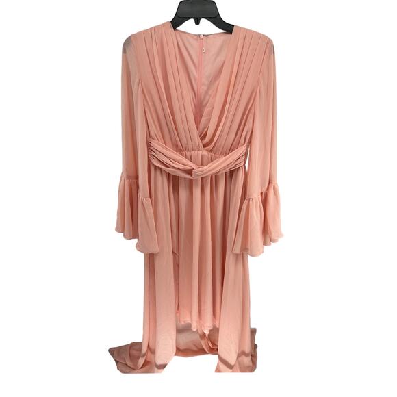 Solid Peach Sheer Long Sleeve V-Neck Pleated Maxi Dress Women's Size Medium - Picture 2 of 7